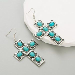 Vintage Style Cross Inlay Turquoise Drop Earrings With Design